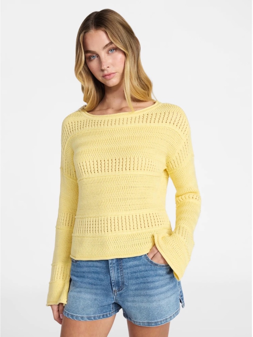 No Boundaries Pale Yellow Open-Knit Boatneck Sweater